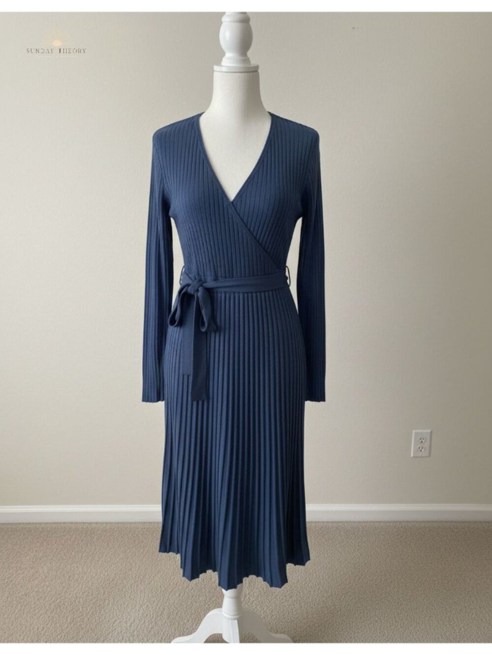 Women's Long Sleeve Wrap V-Neck Ribbed Knit Midi Sweater Dress Belted